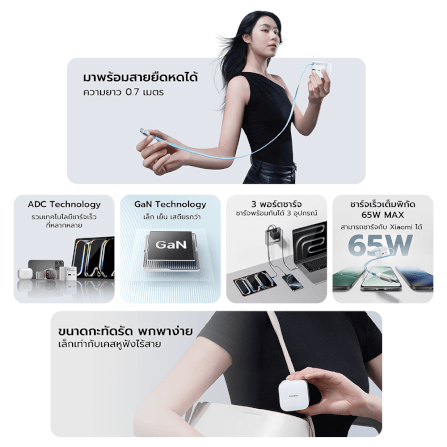 หัวชาร์จเร็วพร้อมสาย CUKTECH AD653W สีดำ GAN 65W รองรับ PD, PPS, QC_2